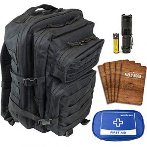 Excello Global Products Tactical Backpack 1 Excello Global Products High Capacity Black Tactical Backpack 50L Bundle with 42-Piece First Aid Kit, Adjustable Beam Flashlight, and 5 Journal Notebooks