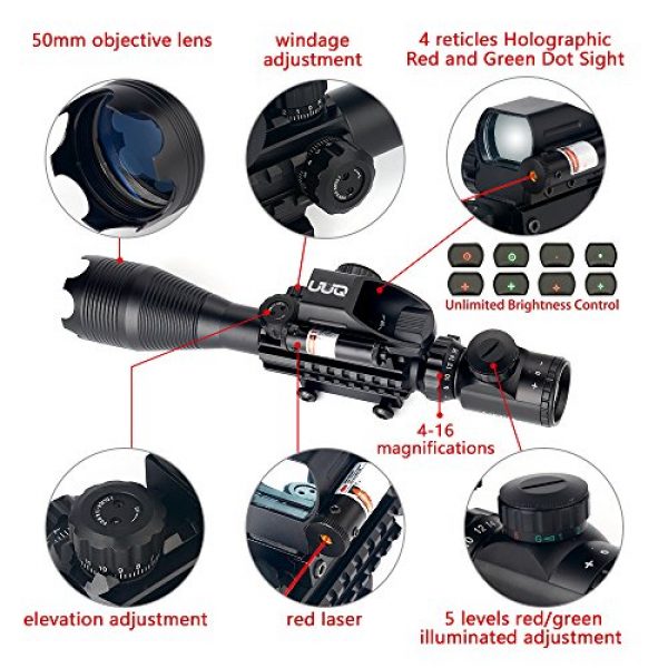 UUQ Rifle Scope 5 UUQ 4-16x50 Tactical Rifle Scope Red/Green Illuminated Range Finder Reticle W/ RED Laser Sight and Holographic Reflex Dot Sight
