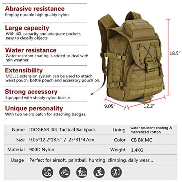 IDOGEAR SPORTS Tactical Backpack 2 IDOGEAR 40L Tactical Backpack Molle Assault Pack 900D Nylon Water Resistant Shoulder Bag Travelling Airsoft Backpacks