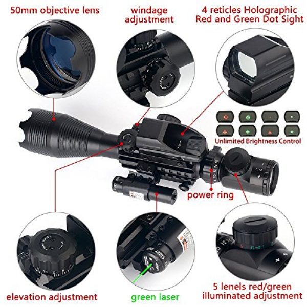 THEA Rifle Scope 6 THEA 4-16x50 Tactical Rifle Scope Red/Green Illuminated Range Finder Reticle W/Green Laser and Holographic Reflex Dot Sight (12 Month Warranty)