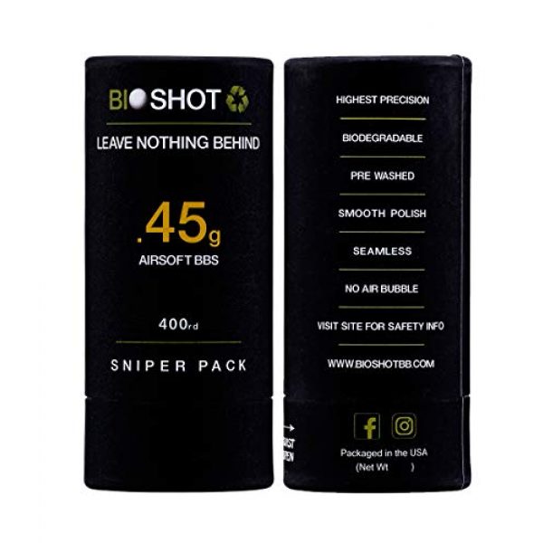 BioShot Airsoft BB 6 BioShot Biodegradable Airsoft BBS - .45g Super Slick Seamless Sniper Weight Competition Match Grade for All 6mm Airsoft Guns and Accessories (400 Round Sniper Pack, White)