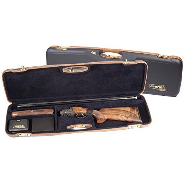 Negrini Cases Rifle Case 6 Negrini Cases 1654LX/5166 O/U Sporter Shotgun Case with Barrel Upright and Forend Off/Accessory Compartment and Luxury Interior, Premium Tan Leather/Blue/Blue