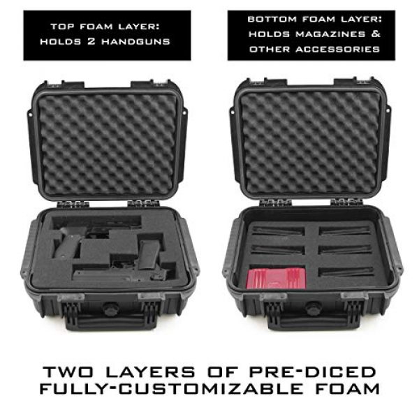 CASEMATIX Pistol Case 3 CASEMATIX 14" Two Gun Hard Case for 2 Handguns - Waterproof & Shockproof 2 Pistol Hard Case, Double Handgun Case with Accessory Storage for Multiple Magazines, Ammo Box and Other Accessories