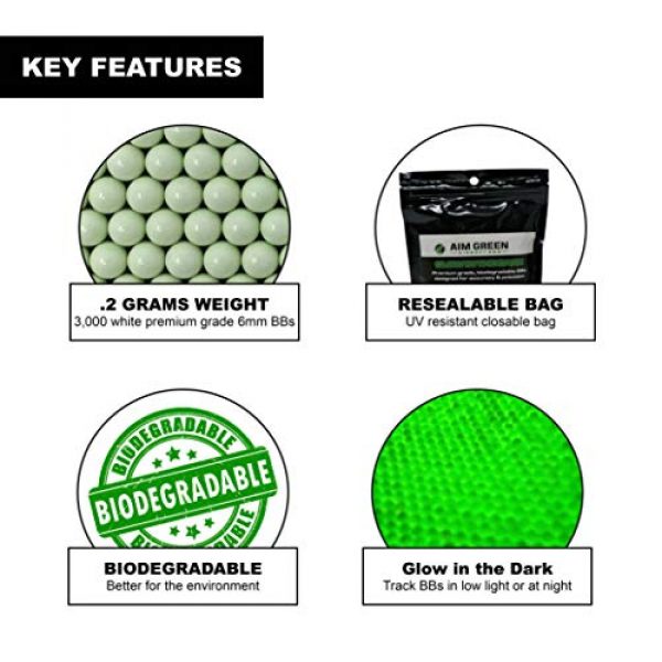 Aim Green Airsoft BB 2 Aim Green: Glow in The Dark Biodegradable Airsoft BBS 6mm - 3,000 Airsoft BBS Pellets .20g Rounds - Spring, Gas, Co2 and AEG Pistols - Precision Rounds for Air Soft Sniper Rifles