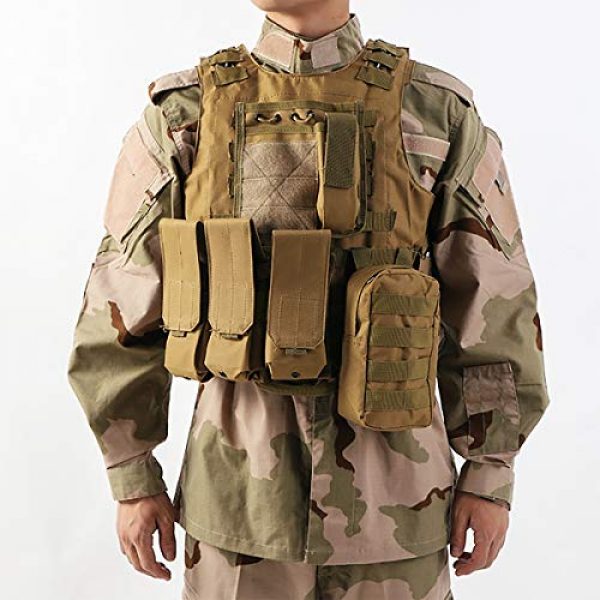JFFLYIT Airsoft Tactical Vest 7 JFFLYIT Outdoor Sports Tactical Vest Wear Resistant Durable Combat Training Vest Breathable Adjustable CS Vest with Bag Khaki