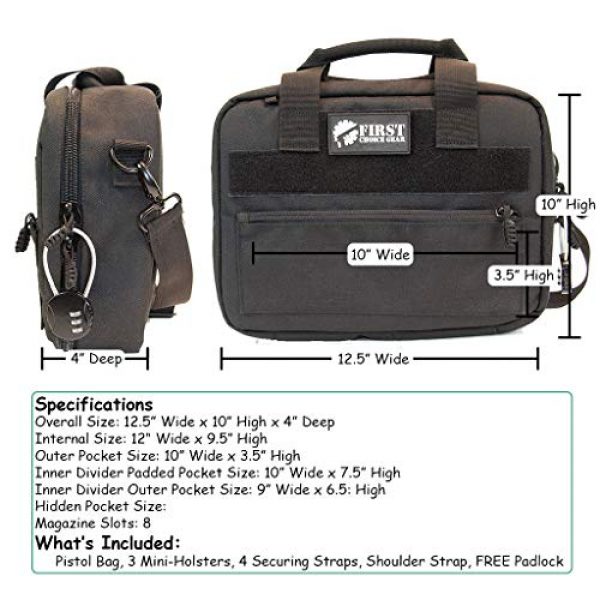 First Choice Gear Pistol Case 7 Pistol Case Range Bag for Handguns by FirstChoice - 2 to 4 Gun Padded Tactical Handgun Shooting Soft Case, Lockable Zippers w/Padlock, 3 Mini-Holsters, 8 Mag Slots, 4 Pockets, w/Range Mat