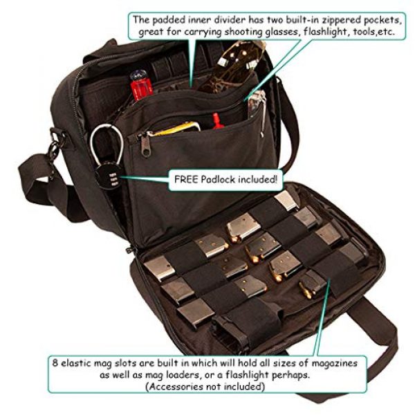First Choice Gear Pistol Case 4 Pistol Case Range Bag for Handguns by FirstChoice - 2 to 4 Gun Padded Tactical Handgun Shooting Soft Case, Lockable Zippers w/Padlock, 3 Mini-Holsters, 8 Mag Slots, 4 Pockets, w/Range Mat