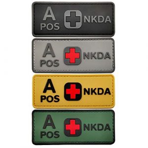 ODSP Airsoft Morale Patch 1 Tactical Blood Type A+ Positive POS PVC Rubber Patch, DIY Emblem Military Medic Morale Patches Medical Armband Badges, Hook-Fastener Backing, 3.94 x 1.57 Inch, Bundle 4 Pieces