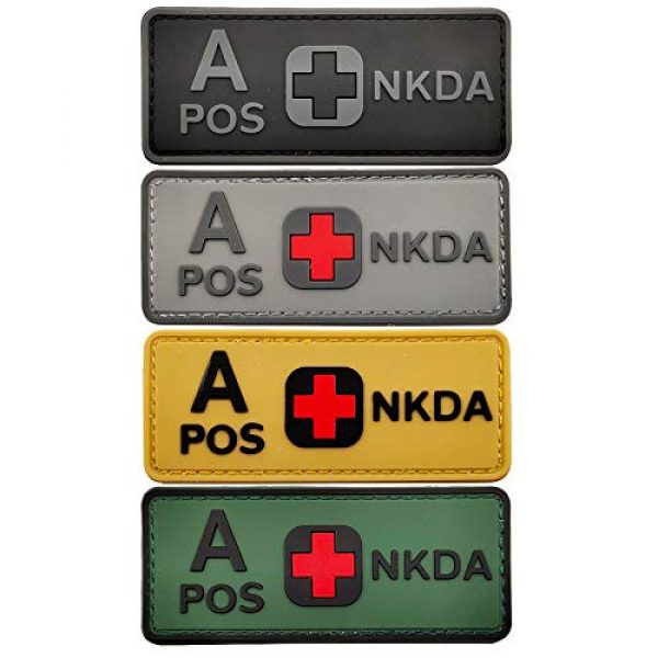 ODSP Airsoft Morale Patch 1 Tactical Blood Type A+ Positive POS PVC Rubber Patch, DIY Emblem Military Medic Morale Patches Medical Armband Badges, Hook-Fastener Backing, 3.94 x 1.57 Inch, Bundle 4 Pieces