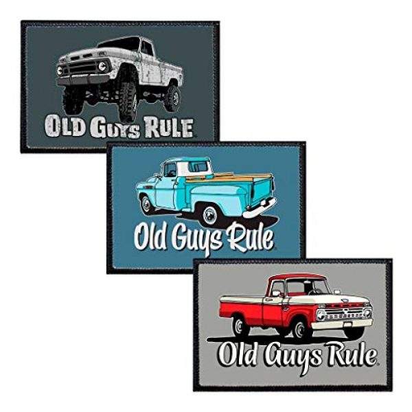 OLD GUYS RULE Airsoft Morale Patch 1 OLD GUYS RULE Trucks Morale Patches by Pull Patch | Set of 3 | Easy Hook and Loop Attach to Hats, Jeans, Vest, Coat | 2x3 inches | Low Profile, Enclosed Border | Gift for Dad, Husband