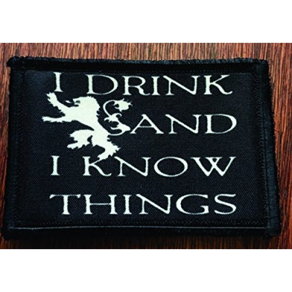 RedheadedTshirts Airsoft Morale Patch 2 I Drink and I Know Things Funny Morale Patch Hook and Loop Military Tactica l2x3" Hook Velcro Made in The USA Perfect for Your Rucksack, Pack Bag, Molle Gear, Operator hat or Cap!