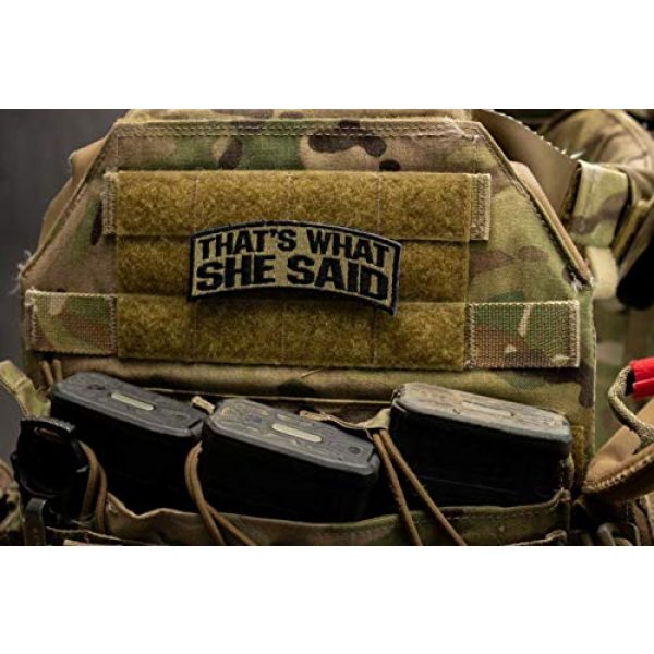 BASTION Airsoft Morale Patch 5 BASTION Morale Patches (That's What She Said, Colors) | 3D Embroidered Patches with Hook & Loop Fastener Backing | Well-Made Clean Stitching, Military Patches for Tactical Bag, Hats & Vest (Tan)