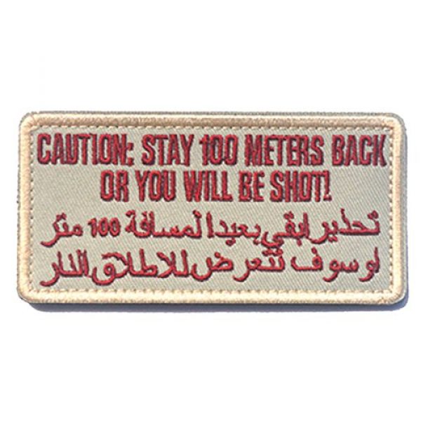 ODSP Airsoft Morale Patch 7 Caution Stay 100 Meters Back or You Will Be Shot Embroidery Military Tactical Morale Badge Hook & Loop Desert Emblem Patch 3.94" x 1.97" Sized for Clothes Jeans Jackets Backpacks (Beige)