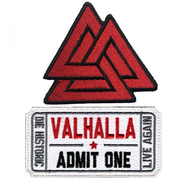 QTao Airsoft Morale Patch 1 QTao UPA173 Ticket to Valhalla Admit One Die Historic Live Again Valhalla Valknut Triangle Symbol Nordic Viking Odin Military Tactical Morale Patch 2pcs (Color a)