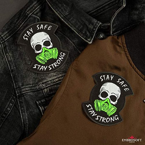 Embrosoft Airsoft Morale Patch 5 Skull in a Gas mask Patch, Embroidered"Stay Safe, Stay Strong" Morale Emblem, Size: 4.1 x 3.4 inches