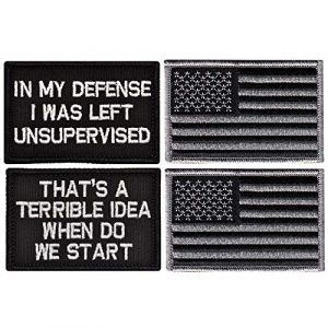 Ebateck Airsoft Morale Patch 1 Ebateck in My Defense I was Left Unsupervised Patch Small & American Us Flag, 4 Pack, Embroidered Morale Tactical Patches Funny for Hat Backpack Jackets Hook & Loop Emblem, Black Color