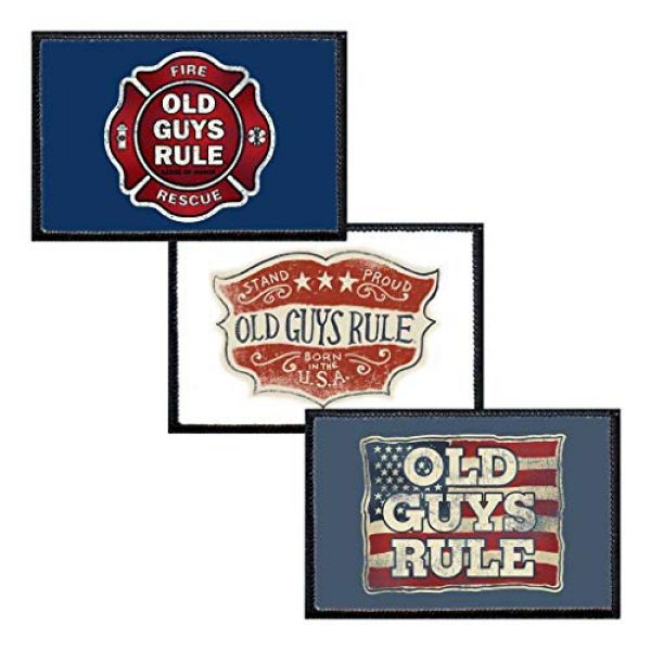 OLD GUYS RULE Airsoft Morale Patch 1 OLD GUYS RULE USA Patriotic Morale Patches by Pull Patch | Set of 3 | Easy Hook and Loop Attach to Hats, Jeans, Vest, Coat | 2x3 inches | Low Profile, Enclosed Border | Gift for Dad, Husband