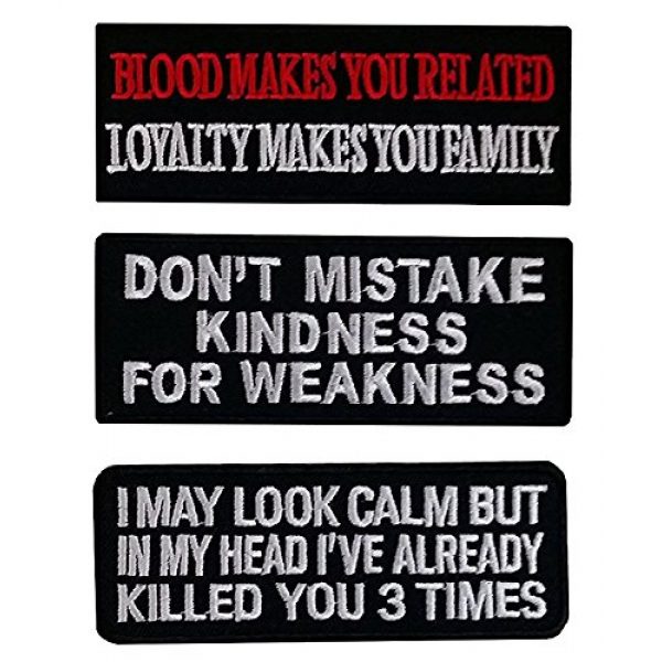 Papaya Shop Airsoft Morale Patch 1 Set of 3 Loyalty Makes You Family Blood Makes You Related / DON'T MISTAKE MY KINDNESS FOR WEAKNESS / I May Look Calm But In My Head I've Killed You 3 Times Morale Biker Vest Patch