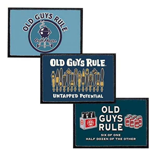 OLD GUYS RULE Airsoft Morale Patch 1 OLD GUYS RULE BBQ & Beer Morale Patches by Pull Patch | Set of 3 | Easy Hook and Loop Attach to Hats, Jeans, Vest, Coat | 2x3 inches | Low Profile, Enclosed Border | Gift for Dad, Husband
