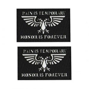 ODSP Airsoft Morale Patch 1 Glow-in-The-Dark Patch, Pain is Temporary Honor is Forever, Tactical Morale Sew on Patches with Hook and Loop Fastener Backing for Jackets Jeans Hat Bags Vests Uniforms 3.15 x 1.97 Inch 2PCS