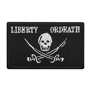 Morton Home Airsoft Morale Patch 1 Morton Home-Pirate Jolly Roger of Calico Jack Tactical Morale Patch with Backing Liberty Or Death Skull Black Decorative Embroidered Appliques 2" High by 3.2"