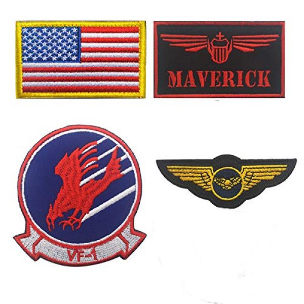 ODSP Airsoft Morale Patch 1 Maverick, Brave Witches Logo VF-1, Wings Crest, American US Flag Embroidered Patch Military Tactical Morale Fastener Hook Loop Backing Patches Cosplay Costume Appliques Badges 4PCS