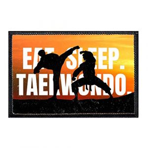 P PULLPATCH Airsoft Morale Patch 1 Eat. Sleep. Taekwondo. Sunset Morale Patch | Hook and Loop Attach for Hats, Jeans, Vest, Coat | 2x3 in | by Pull Patch