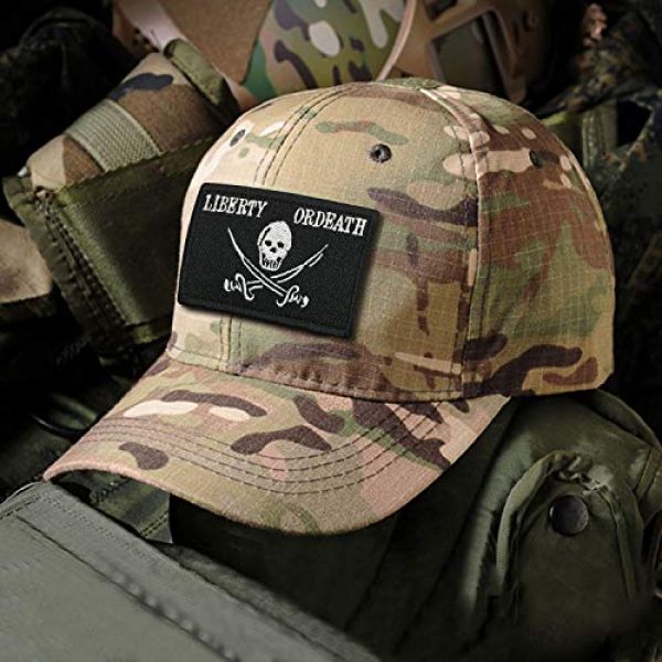 Morton Home Airsoft Morale Patch 2 Morton Home-Pirate Jolly Roger of Calico Jack Tactical Morale Patch with Backing Liberty Or Death Skull Black Decorative Embroidered Appliques 2" High by 3.2"