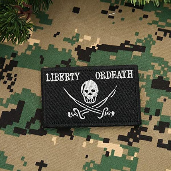 Morton Home Airsoft Morale Patch 4 Morton Home-Pirate Jolly Roger of Calico Jack Tactical Morale Patch with Backing Liberty Or Death Skull Black Decorative Embroidered Appliques 2" High by 3.2"
