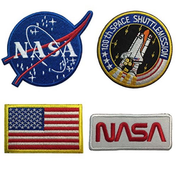 SpaceAuto Airsoft Morale Patch 1 SpaceAuto Bundle 4 Pieces Iron on or Sew on Military Tactical Morale Badge Emblem Patch - NASA Logo,100th Space Shuttle Mission, Golden Red USA Flag, NASA