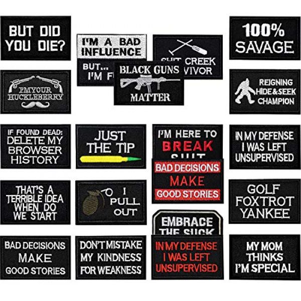 KQ Airsoft Morale Patch 1 KQ 20pcs Funny Tactical Morale Patches Cool Military Word Sew On/Iron On Patches for Vests Caps Bags Jackets Jeans Backpacks Full Embroidered Patch Set(BLack-pc-20)