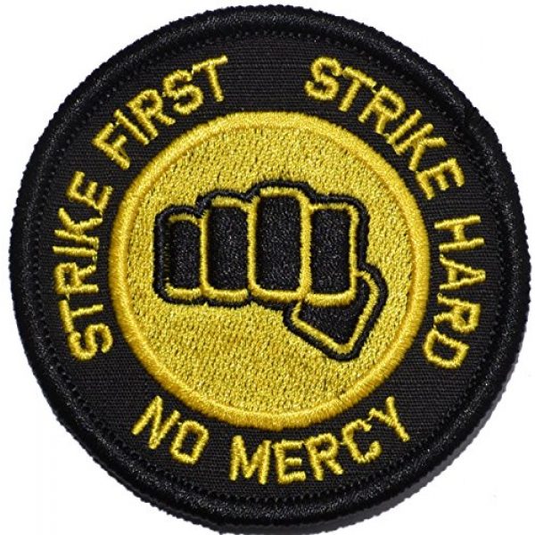 Tactical Gear Junkie Airsoft Morale Patch 1 Strike First Strike Hard No Mercy Cobra Kai Motto 3in Diameter Patch (Black w/Yellow)