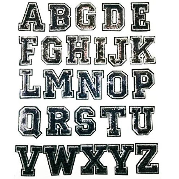 Glamour Emporium Airsoft Morale Patch 2 3" inch Black and Silver Sequin Letter A-Z Iron-on Patch Appliqu© Sewing Alphabet Letter (V)