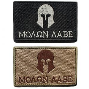 CREATRILL Airsoft Morale Patch 1 Bundle 2 Pieces - Molon Labe Spartan Tactical Morale Patch with Backing Multitan Black White Decorative Embroidered Appliques 2" High By 3.2" Wide