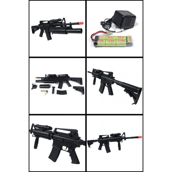See Airsoft Rifle 2 Refurbished M4 3181 AEG Electric Airsoft Rifle, M203 Spring Grenade Launcher, Two Stocks, FPS-300, Extra Magazine