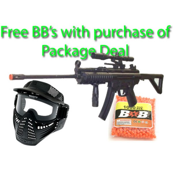 See Airsoft Rifle 1 Spring MP5 Sub Machine Gun FPS-230, Long Barrel, Scope Airsoft Gun Package Deal (Mask and BBs)