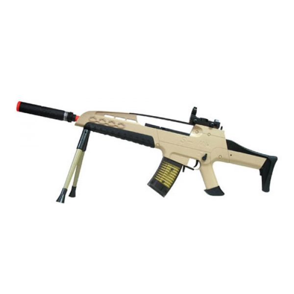 See Airsoft Rifle 1 Spring SM8 Desert Tan Sniper Rifle FPS-350 Bipod, Mock Silencer, Collapsible Stock Airsoft Gun