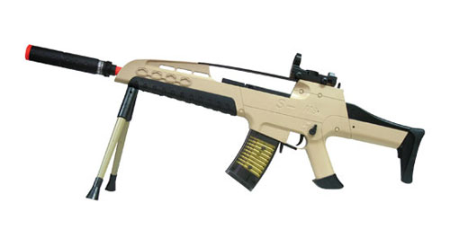 See Airsoft Rifle 1 Spring SM8 Desert Tan Sniper Rifle FPS-350 Bipod, Mock Silencer, Collapsible Stock Airsoft Gun