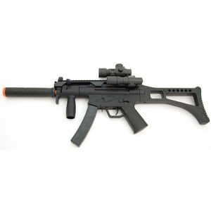 See Airsoft Rifle 1 Spring Well MP5 Sub Machine Gun FPS-200, Scope, Tactical Light, Foregrip, Silencer, Open Stock Airsoft Gun
