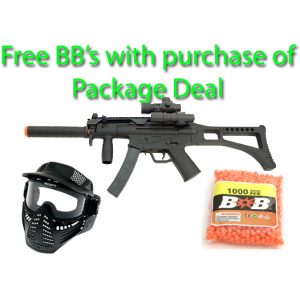 See Airsoft Rifle 1 Spring Well MP5 Sub Machine Gun FPS-200, Scope, Tactical Light, Foregrip, Silencer, Open Stock Airsoft Gun Package Deal (Mask and BBs)