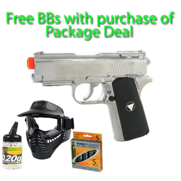 See Airsoft Pistol 1 CO2 TSD Compact Chrome Sport Pistol FPS-450 Full Metal Airsoft Gun Package Deal (Mask, CO2 and BBs)