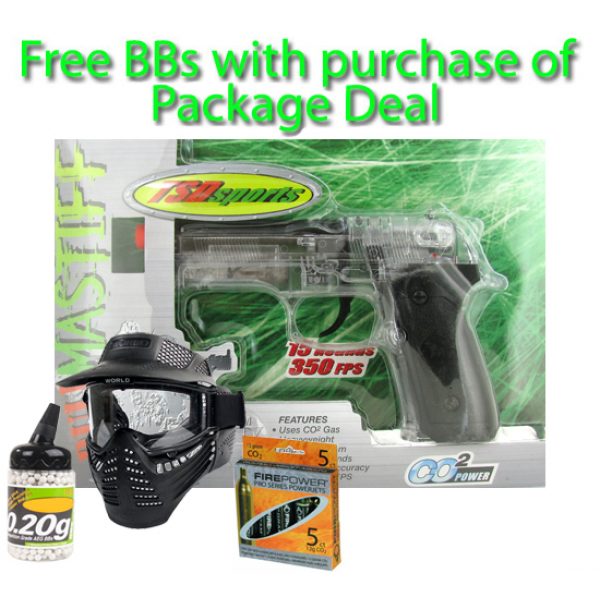 See Airsoft Pistol 1 CO2 TSD Sports Clear M9 Bull Mastiff Pistol FPS-400 Airsoft Gun Package Deal (Mask, CO2 and BBs)