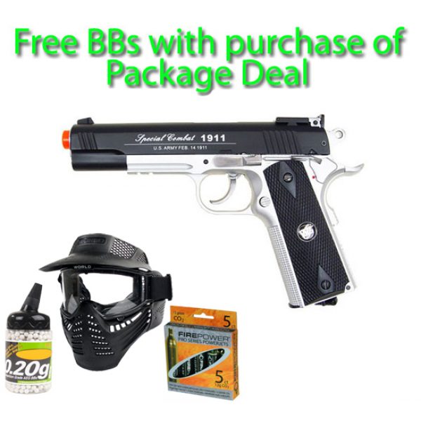 See Airsoft Pistol 1 CO2 WG Sport 1911 Pistol Silver And Black FPS-500 Full Metal Non-Blowback Airsoft Gun Package Deal (Mask, CO2 and BBs)