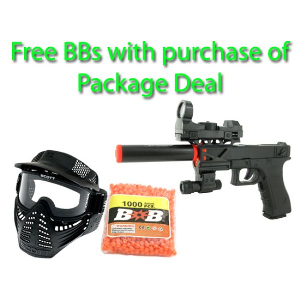 See Airsoft Pistol 1 Electric Full Auto Tactical Terminator 2 Pistol FPS-150, Silencer, Red Dot Scope, Flashlight, Blowback Airsoft Gun Package Deal (Mask and BBs)