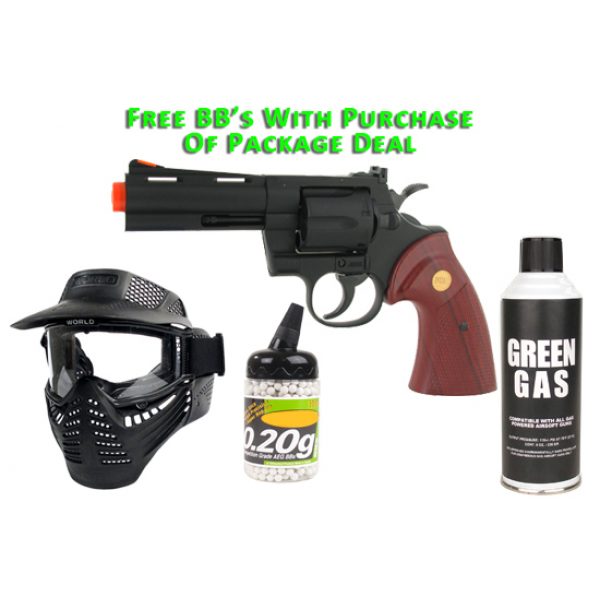 See Airsoft Pistol 1 Green Gas Black 4 Inch Barrel Magnum Revolver Pistol FPS-300 Red Wood Grip Airsoft Gun Package Deal (Mask, Green Gas and BBs)