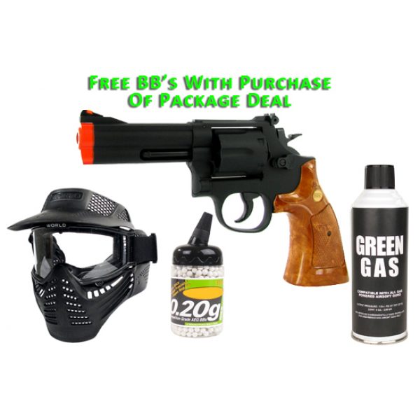 See Airsoft Pistol 1 Green Gas Black 4 Inch Barrel Magnum Revolver Pistol FPS-300 Wood Grip Airsoft Gun Package Deal (Mask, Green Gas and BBs)