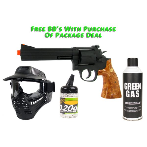 See Airsoft Pistol 1 Green Gas Black 6 Inch Magnum Revolver Pistol FPS-300 Wood Grip Airsoft Gun Package Deal (Mask, Green Gas and BBs)