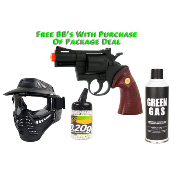 See Airsoft Pistol 1 Green Gas Black Snubnose Magnum Revolver Pistol FPS-300 Red Wood Grip Airsoft Gun Package Deal (Mask, Green Gas and BBs)