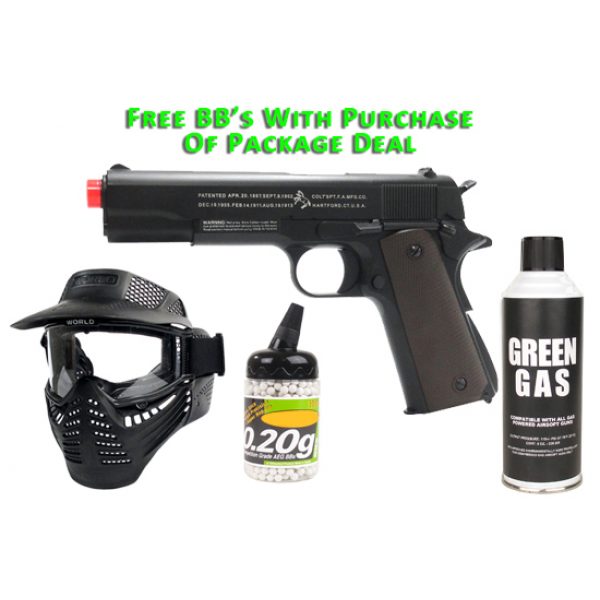 See Airsoft Pistol 1 Green Gas Colt 1911 Pistol FPS 350 Airsoft Gun Package Deal (Mask, Green Gas and BBs)