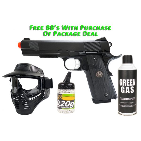 See Airsoft Pistol 1 Green Gas KJW KP-07 K1911 M.E.U Pistol FPS-375 Full Metal Blow Back Airsoft Gun Package Deal (Mask, Green Gas and BBs)